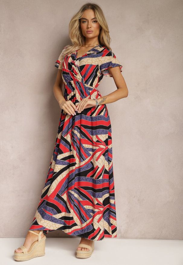 Renee - Czerwono-Beżowa Rozkloszowana Sukienka z Wiskozy z Gumką w Talii i Abstrakcyjnym Wzorem Pairella. Kolor: czerwony. Materiał: wiskoza