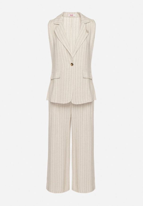 Born2be - Beżowy Garniturowy Komplet z Wiskozą Spodnie i Kamizelka w Delikatne Paski Sariliora. Kolor: beżowy. Materiał: wiskoza. Wzór: paski