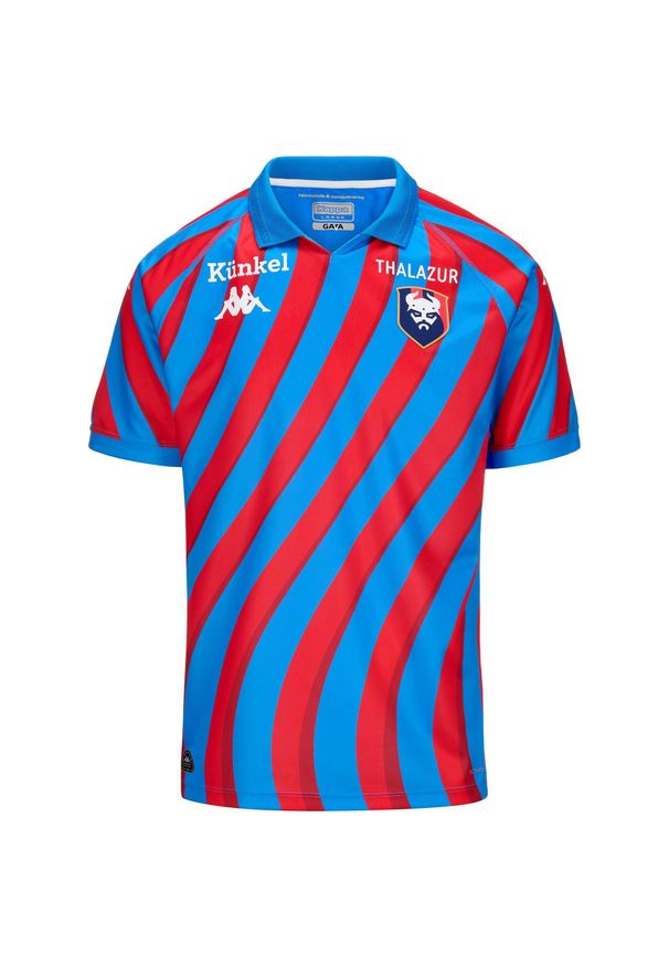 Kappa - Koszulka domowa SM Caen 2024/25. Kolor: czerwony, niebieski, wielokolorowy. Sport: piłka nożna