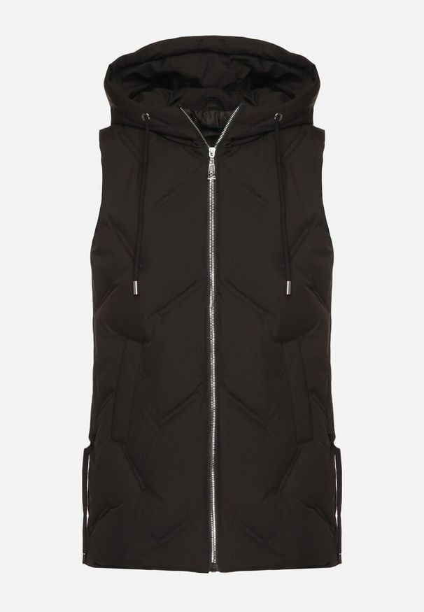 Born2be - Czarna Casualowa Kamizelka z Kapturem i Pikowanymi Przeszyciami Caletta. Okazja: na co dzień. Typ kołnierza: kaptur. Kolor: czarny. Materiał: jeans. Styl: casual