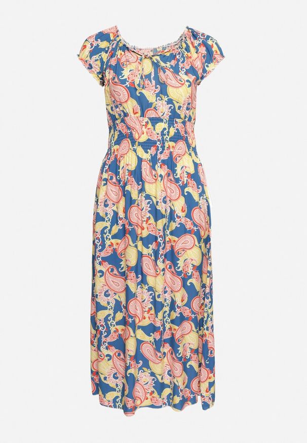 Born2be - Niebiesko-Różowa Bawełniana Sukienka z Gumką w Pasie Zilletta. Okazja: na co dzień, na randkę. Kolor: niebieski. Materiał: bawełna. Styl: klasyczny, casual