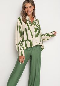 Born2be - Zielono-Beżowy Wiskozowy Komplet Koszula z Dłuższym Tyłem Spodnie z Gumką w Talii Kolefia. Kolor: zielony. Materiał: wiskoza #6