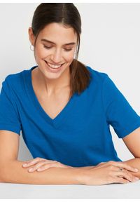 bonprix - T-shirt z czystej bawełny. Typ kołnierza: dekolt w serek. Kolor: niebieski. Materiał: bawełna. Długość rękawa: krótki rękaw. Długość: krótkie #2