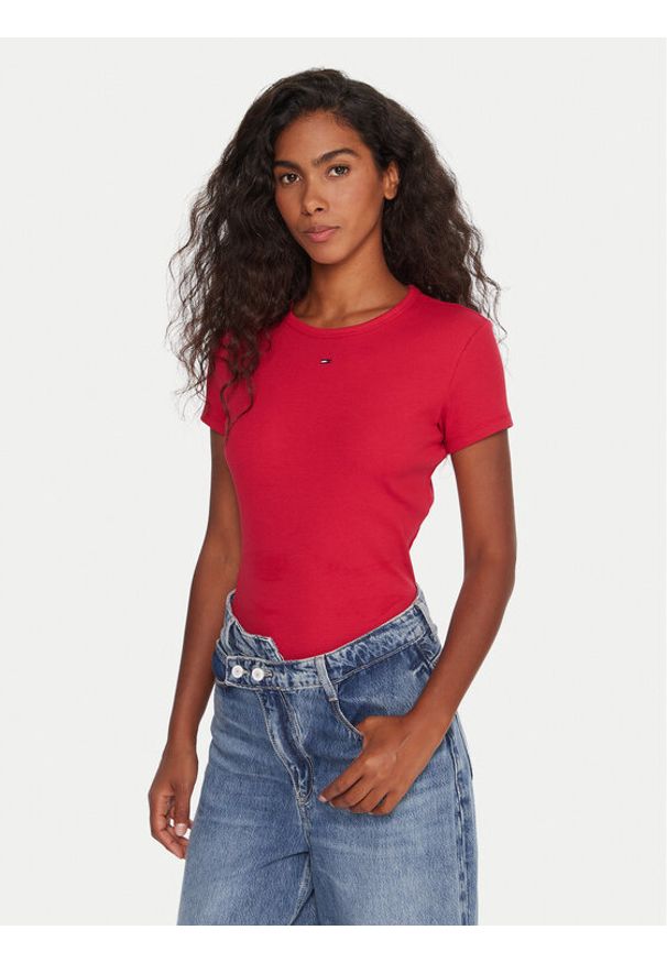 Tommy Jeans T-Shirt Essential DW0DW17383 Różowy Slim Fit. Kolor: różowy. Materiał: bawełna