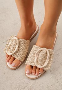 Born2be - Beżowe Klapki Ozdobione Plecionką Wstawką i Klamrą Isirreia. Okazja: na co dzień, do pracy. Kolor: beżowy. Materiał: jeans, materiał, len. Wzór: aplikacja. Sezon: lato. Styl: casual #1