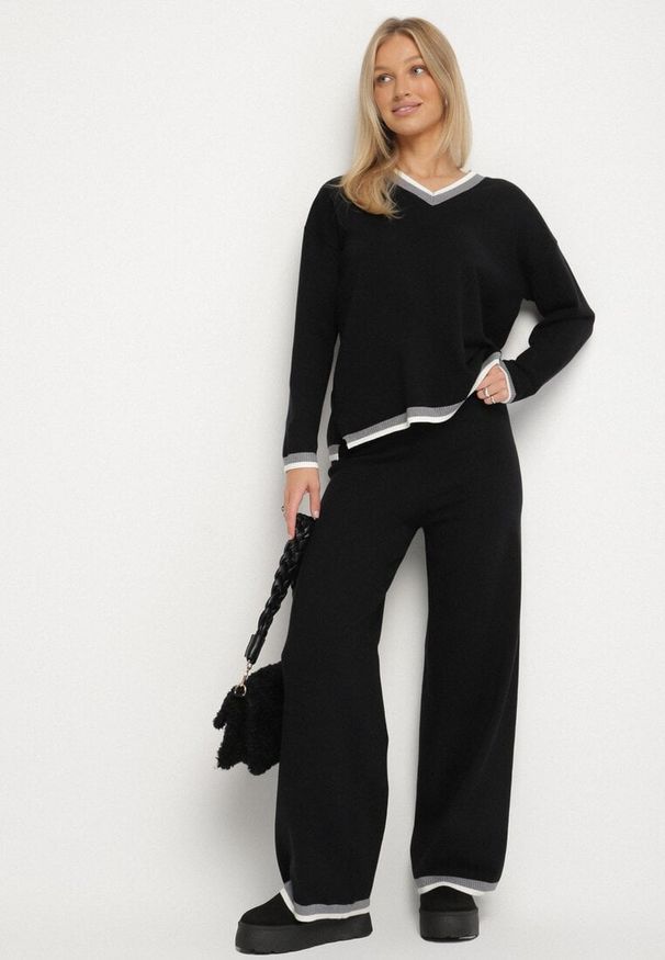 Born2be - Czarny Dzianinowy Komplet z Ozdobną Lamówką Sweter i Szerokie Spodnie Ralenae. Kolor: czarny. Materiał: dzianina