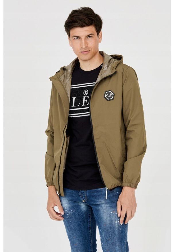 Philipp Plein - PHILIPP PLEIN Męska kurtka wiatrówka zielona. Typ kołnierza: kaptur. Kolor: zielony