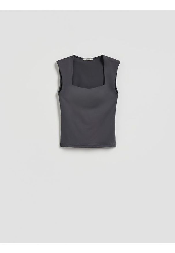 Reserved - Gładki top - ciemnoszary. Kolor: szary. Materiał: dzianina. Wzór: gładki