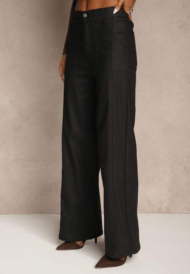 Renee - Czarne Spodnie Wide Leg Regular Waist z Imitacji Skóry Lanavea. Okazja: na co dzień. Kolor: czarny. Materiał: skóra. Styl: casual, elegancki