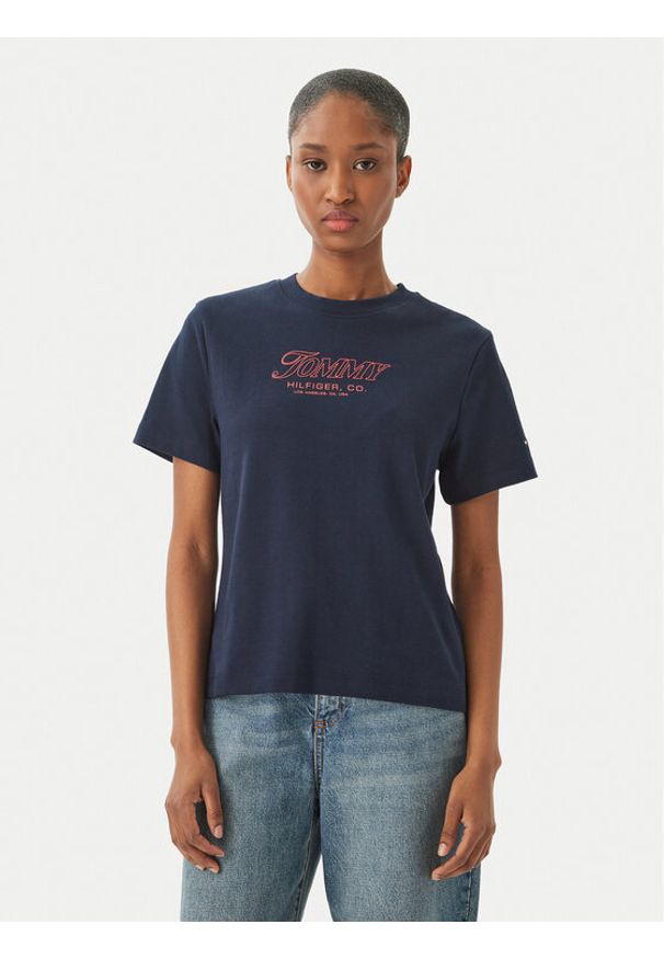 TOMMY HILFIGER - Tommy Hilfiger T-Shirt Logo Interlock WW0WW48707 Granatowy Regular Fit. Kolor: niebieski. Materiał: bawełna