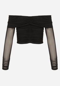 Born2be - Czarna Siateczkowa Bluzka VICES z Odkrytymi Ramionami Ozdobiona Marszczeniem Tuvita. Okazja: na co dzień. Kolor: czarny. Materiał: jeans. Wzór: aplikacja. Styl: casual #6