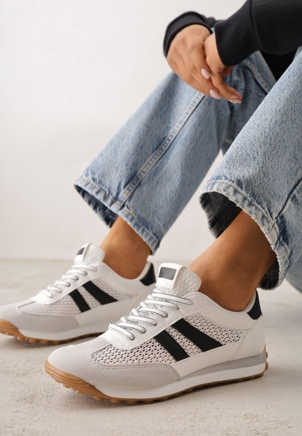 Born2be - Białe Casualowe Sneakersy z Siateczkowymi Wstawkami Kassadina. Okazja: na co dzień. Kolor: biały. Materiał: jeans