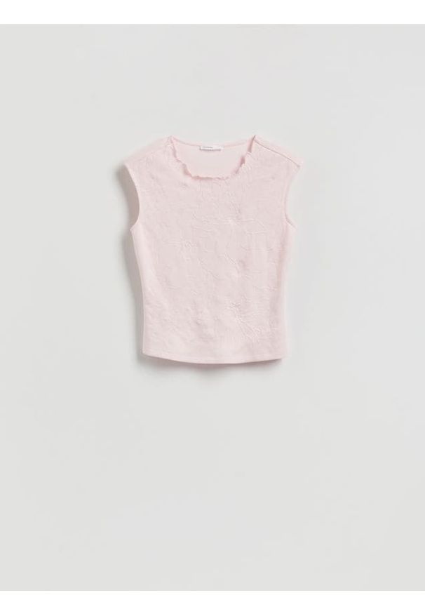 Reserved - Bluzka z ozdobnym wzorem - pastelowy róż. Kolor: różowy. Materiał: dzianina, wiskoza. Styl: klasyczny