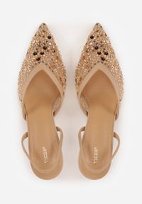 Renee - Ciemnobeżowe Cekinowe Czółenka VICES Slingback na Szpilce z Noskiem w Szpic Ozdobione Perłami i Koralikami Kleomene. Kolor: beżowy. Materiał: jeans. Wzór: aplikacja. Obcas: na szpilce. Styl: elegancki #2