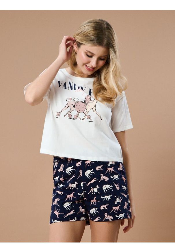 Sinsay - Bawełniana piżama dwuczęściowa z motywem psów - kremowy. Kolor: kremowy. Materiał: bawełna