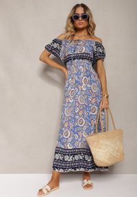 Renee - Niebieska Sukienka z Bawełny z Gumką w Pasie i Wiązaniem przy Dekolcie Hiletta. Okazja: na co dzień. Kolor: niebieski. Materiał: bawełna. Styl: casual #4