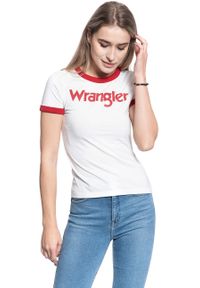 Wrangler - WRANGLER RINGER TEE DAMSKI T-SHIRT KOSZULKA NADRUK LOGO OFFWHITE W7385G202. Wzór: nadruk