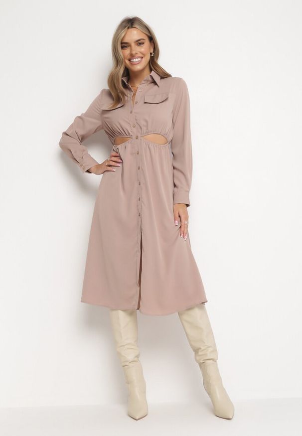 Born2be - Beżowa Sukienka Koszulowa Pildia. Okazja: na co dzień. Kolor: beżowy. Materiał: tkanina. Długość rękawa: długi rękaw. Typ sukienki: koszulowe. Styl: casual, elegancki. Długość: midi