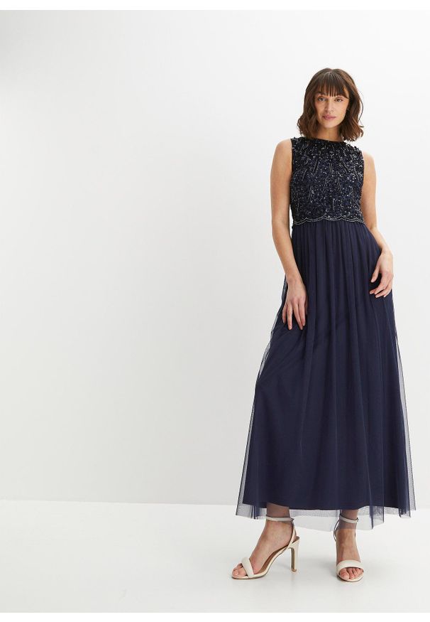 bonprix - Długa sukienka z aplikacją z cekinów. Kolor: niebieski. Wzór: aplikacja. Styl: elegancki. Długość: maxi