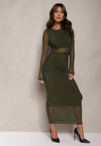 Renee - Ciemnozielona Siateczkowa Sukienka Maxi o Dopasowanym Kroju Kremse. Okazja: na imprezę. Kolor: zielony. Materiał: materiał. Typ sukienki: dopasowane. Styl: elegancki. Długość: maxi