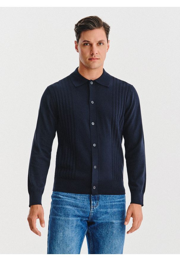 Pako Lorente - PAKO LORENTE - Bawełniany kardigan w kolorze granatowym. Okazja: na co dzień. Typ kołnierza: polo. Kolor: niebieski, zielony. Materiał: bawełna. Sezon: jesień. Styl: casual