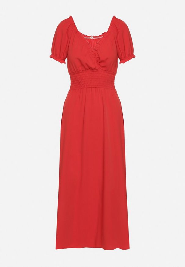 Born2be - Czerwona Sukienka Ozdobiona Bufkami Dolinossa. Okazja: na co dzień. Kolor: czerwony. Wzór: aplikacja. Sezon: lato. Styl: casual