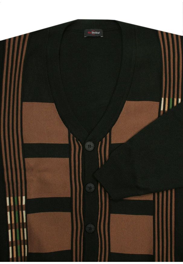 Max Sheldon - Kardigan, Sweter Czarno-Brązowy Zapinany na Guziki, Elegancki -MAX SHELDON. Okazja: na co dzień. Kolor: wielokolorowy, beżowy, brązowy. Materiał: bawełna, akryl. Styl: elegancki