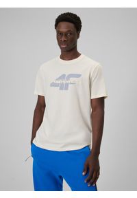 4f - 4F T-shirt regular z nadrukiem męski - beżowy S. Okazja: na co dzień. Kolor: beżowy. Materiał: materiał, bawełna. Wzór: nadruk. Styl: casual #1