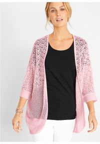 Sweter bez zapięcia bonprix pastelowy jasnoróżowy. Kolor: różowy. Długość rękawa: krótki rękaw. Długość: krótkie. Wzór: ażurowy #5