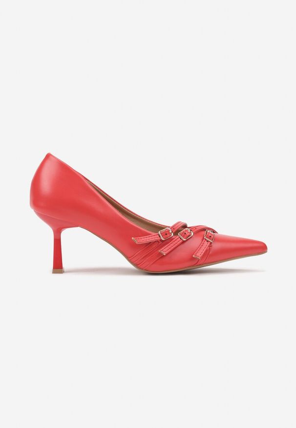 Renee - Czerwone Czółenka na Obcasie Stiletto z Ozdobnymi Sprzączkami Arstelora. Okazja: na spotkanie biznesowe. Nosek buta: szpiczasty. Zapięcie: sprzączka. Kolor: czerwony. Wzór: aplikacja. Obcas: na obcasie. Styl: wizytowy, biznesowy, elegancki. Wysokość obcasa: średni