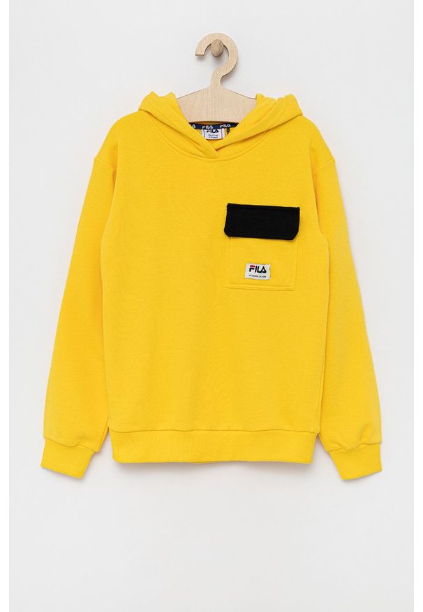 Fila bluza dziecięca kolor żółty z kapturem z aplikacją. Okazja: na co dzień. Typ kołnierza: kaptur. Kolor: żółty. Wzór: aplikacja. Styl: casual