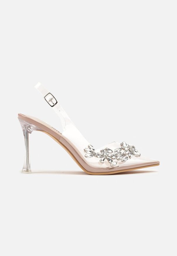 Renee - Beżowe Transparentne Sandały Szpilki Slingback Ozdobione Cyrkoniami Avelsemi. Okazja: na imprezę, na co dzień. Zapięcie: sprzączka. Kolor: beżowy. Materiał: jeans. Wzór: aplikacja. Obcas: na szpilce. Styl: casual, elegancki