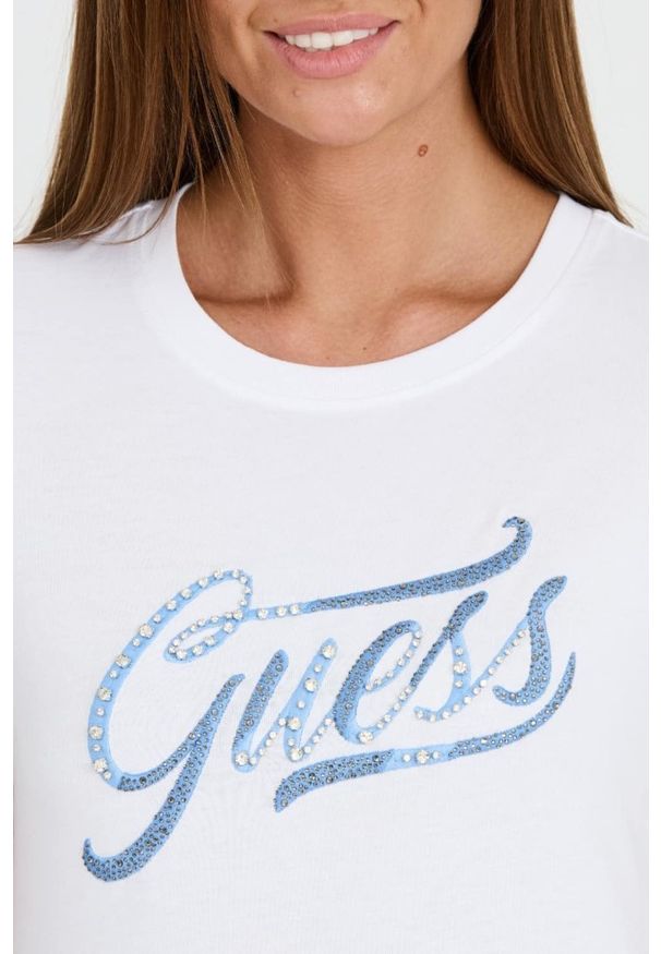 Guess - GUESS Biały damski T-shirt bawełniany STONES&EMBRO TEE, Rozmiar L. Kolor: biały. Materiał: bawełna