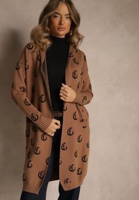 Renee - Brązowy Kardigan z Kapturem Ozdobiony Geometrycznym Motywem Ralanessa. Typ kołnierza: kaptur. Kolor: brązowy. Wzór: geometria, aplikacja. Styl: elegancki