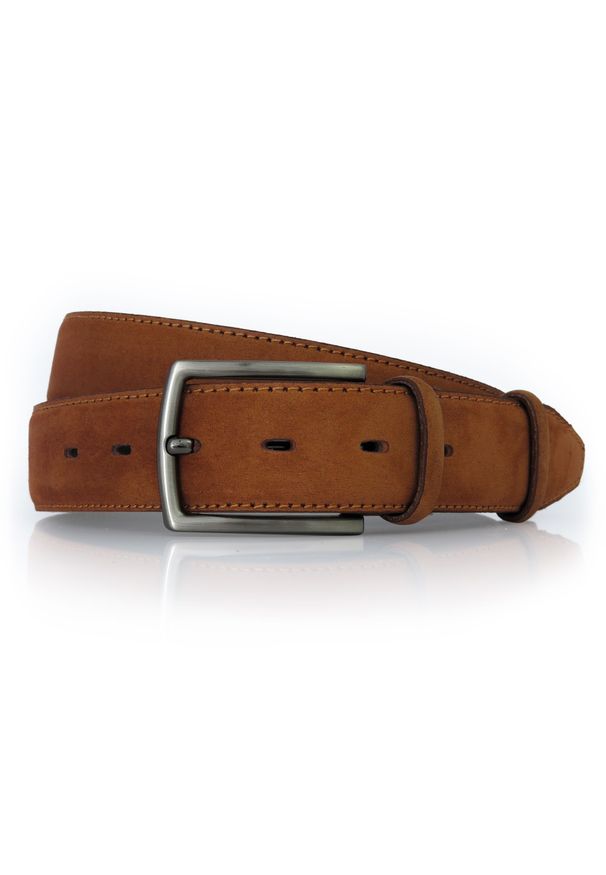 Brązowy nubukowy pasek męski KMG75. Kolor: brązowy. Materiał: nubuk