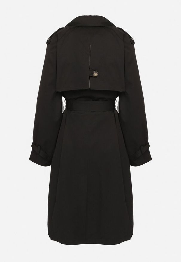 Born2be - Czarny Płaszcz Dwurzędowy Trencz Ozdobiony Paskiem i Pagonami Malwissa. Okazja: na co dzień. Kolor: czarny. Materiał: jeans. Wzór: aplikacja. Sezon: wiosna, jesień. Styl: casual, elegancki