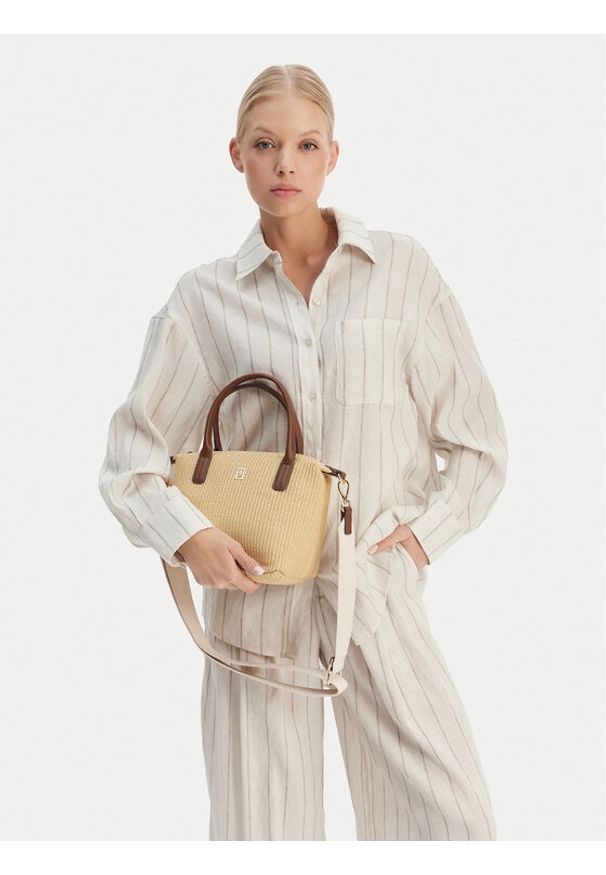 TOMMY HILFIGER - Tommy Hilfiger Torebka Popette Mini Tote Raffia AW0AW18523 Beżowy. Kolor: beżowy