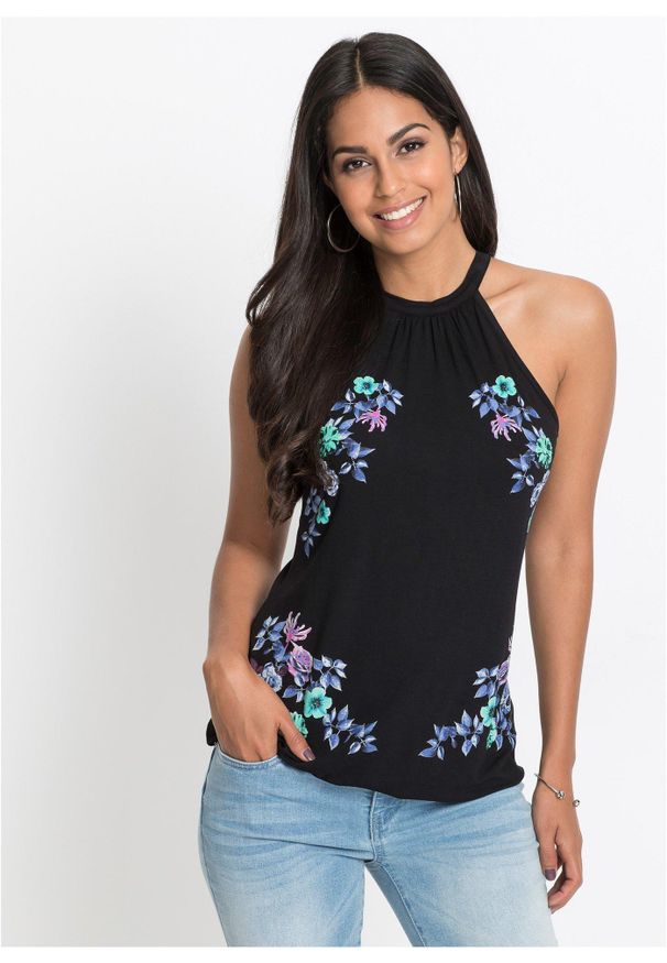 bonprix - Top z lejącej mieszanki wiskozy. Kolor: czarny. Materiał: wiskoza, materiał. Wzór: nadruk, kwiaty