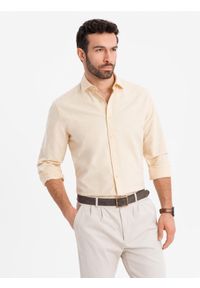 Ombre Clothing - Pastelowa bawełniana męska koszula typu oxford – jasnożółta V3 - Rozmiar: M. Kolor: żółty. Materiał: bawełna. Wzór: aplikacja, ze splotem. Styl: klasyczny, elegancki