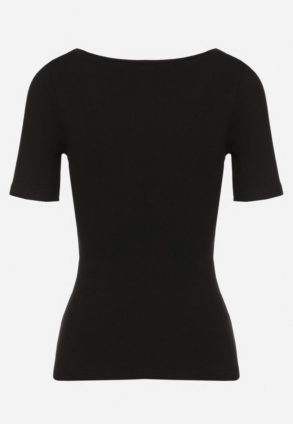 Born2be - Czarny Prążkowany T-shirt z Bawełny Ozdobiony Guzikami Tasavia. Okazja: na co dzień. Kolor: czarny. Materiał: bawełna, prążkowany. Wzór: aplikacja. Styl: elegancki, klasyczny, casual