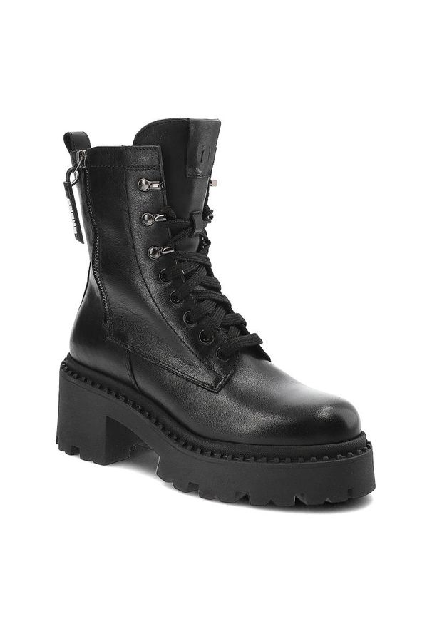 Czarne Botki Nessi Skórzane Buty Damskie. Zapięcie: sznurówki. Kolor: czarny. Materiał: skóra. Styl: elegancki