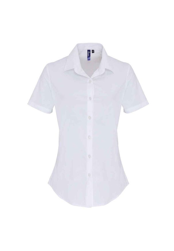 PREMIER - Damska Bawełniana Popelinowa Koszula Z Krótkim Rękawem. Kolor: biały. Materiał: bawełna. Długość rękawa: krótki rękaw. Długość: krótkie