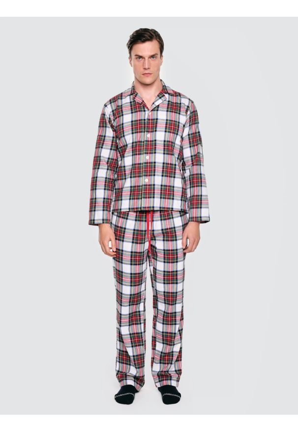 Big-Star - Piżama dwuczęściowa bawełniana w kratę biało-czerwona Senmunis 100. Okazja: do domu. Kolor: biały. Materiał: bawełna. Styl: klasyczny