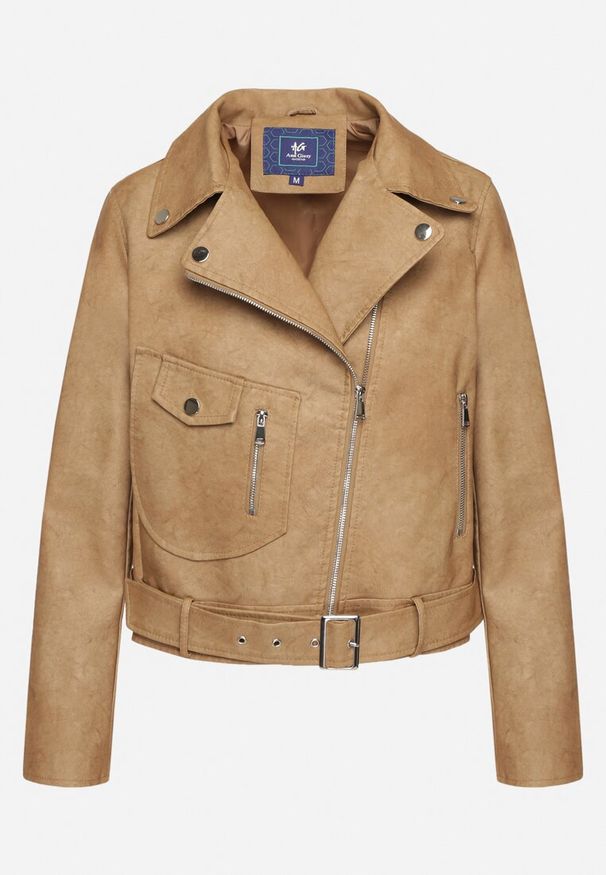 Born2be - Ciemnobeżowa Kurtka Ramoneska z Kieszeniami i Paskiem z Klamrą Polvila. Okazja: na co dzień. Kolor: beżowy. Materiał: jeans. Długość rękawa: długi rękaw. Długość: długie. Styl: casual, klasyczny, rockowy, elegancki