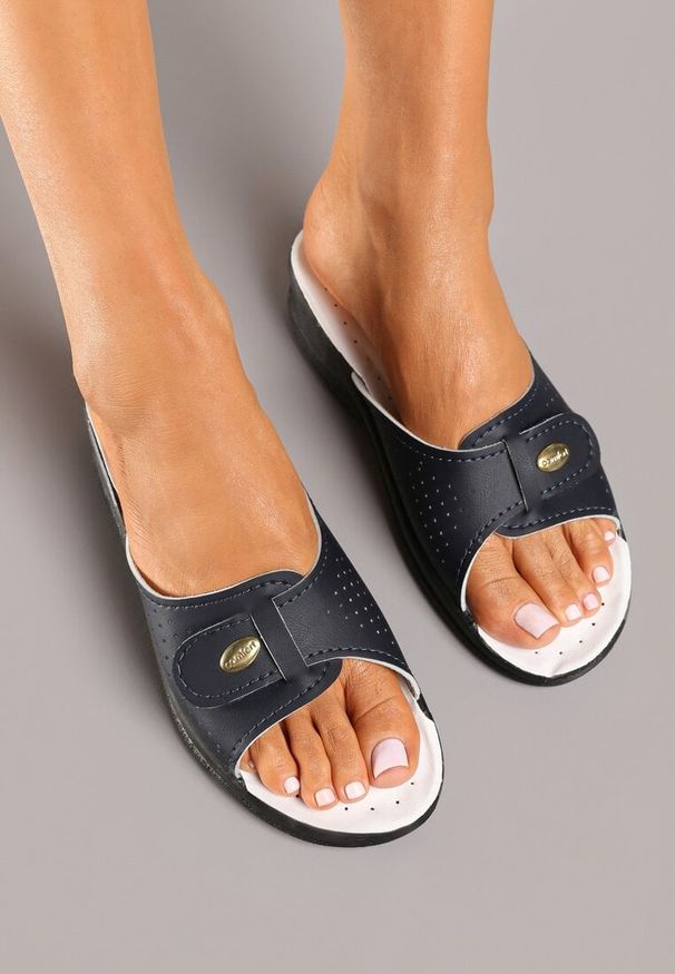 Born2be - Granatowe Klapki na Niskim Koturnie z Otwartym Noskiem i Paskiem na Rzep Metanis. Okazja: na co dzień. Nosek buta: otwarty. Kolor: niebieski. Sezon: lato. Obcas: na koturnie. Styl: casual