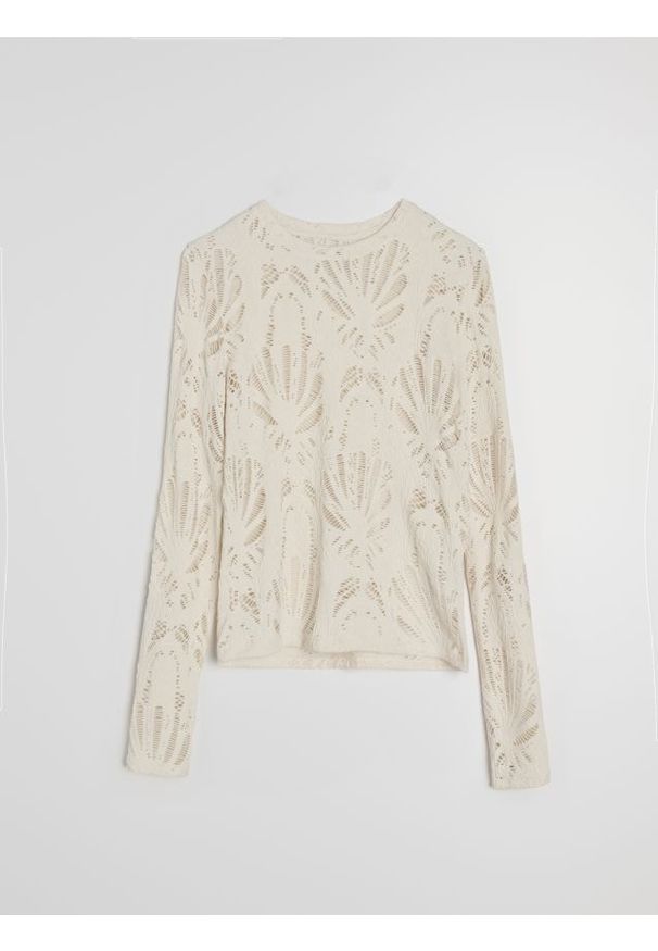 Sinsay - Ażurowa bluzka z długim rękawem - kremowy. Kolor: kremowy. Długość rękawa: długi rękaw. Długość: długie. Wzór: ażurowy
