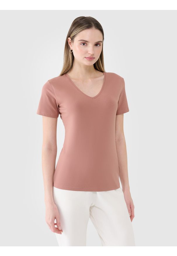 4f - 4F T-shirt slim gładki damski - brązowy L. Okazja: na co dzień. Typ kołnierza: dekolt w serek. Kolor: brązowy. Materiał: skóra, jersey, elastan, dzianina, bawełna, materiał. Długość rękawa: krótki rękaw. Długość: krótkie. Wzór: gładki. Styl: sportowy, klasyczny, casual