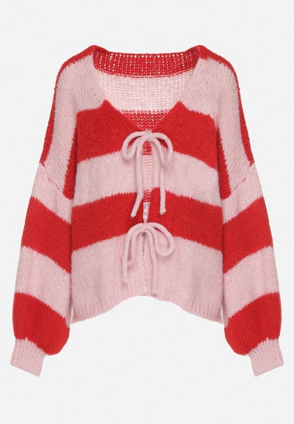 Born2be - Czerwony Wiązany Kardigan Oversize w Paski z Dodatkiem Wełny i Wiskozy Retire. Kolor: czerwony. Materiał: wełna, wiskoza. Wzór: paski