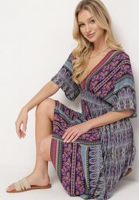 Born2be - Fioletowa Boho Sukienka z Szerokimi Rękawami z Gumką w Pasie i Wiązaniem na Plecach Piomina. Typ kołnierza: choker, dekolt w kształcie V. Kolor: fioletowy. Wzór: aplikacja. Styl: boho #4