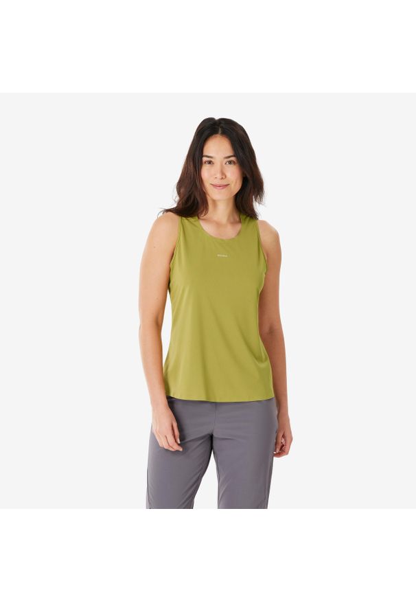 quechua - Koszulka turystyczna na ramiączka damska Quechua MH500. Kolor: zielony. Materiał: poliester, materiał. Długość rękawa: na ramiączkach. Sport: turystyka piesza